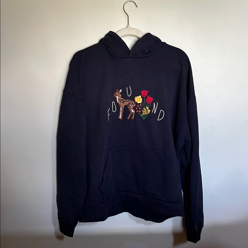 Found Navy Blue Hoodie with Deer and Flower Embroidery